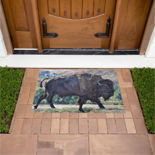 American Bison Roaming in Grassland Setting Doormat