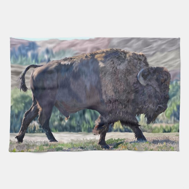 American Bison Roaming in Grassland Setting Tea Towel (Horizontal)