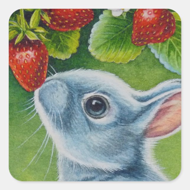 American Blue Rabbit & Strawberries Watercolor Art Square Sticker (Front)