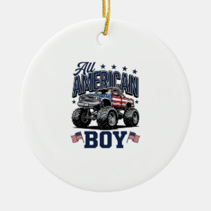 American Boy Monster Truck Vintage Patriotic Shirt Ceramic Tree Decoration