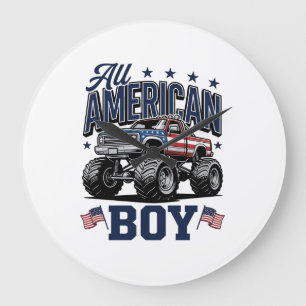American Boy Monster Truck Vintage Patriotic Shirt Large Clock
