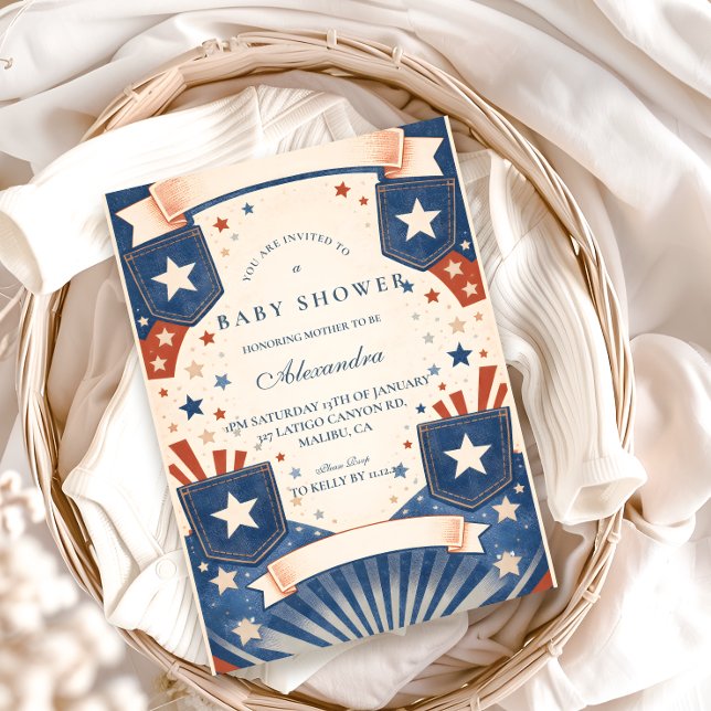 American Boy Vintage Denim Stars Baby Shower Invitation (Creator Uploaded)