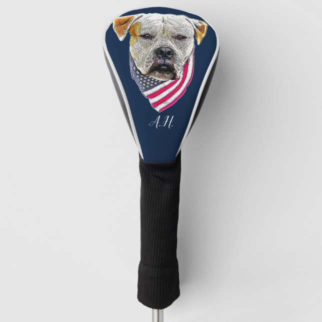 American Bulldog dog monogrammed golf head cover (Front)