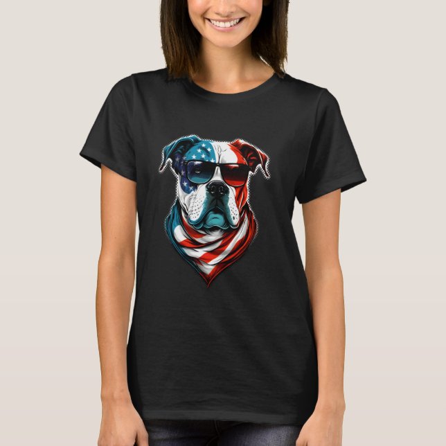 American Bulldog Dog Red White Blue American Flag  T-Shirt (Front)