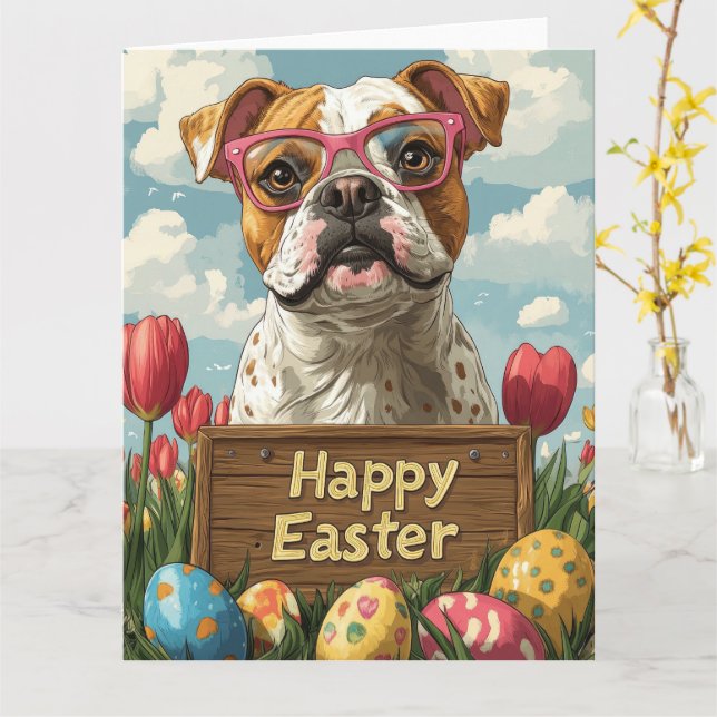 American Bulldog  Easter Eggs Card (Yellow Flower)