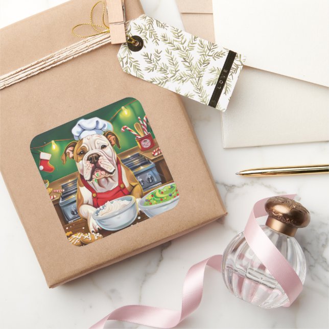 American Bulldog Holiday Baking: Festive Christmas Square Sticker (Gifting)