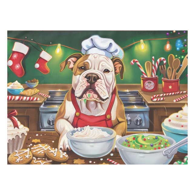 American Bulldog Holiday Baking: Festive Christmas Tablecloth (Front (Horizontal))