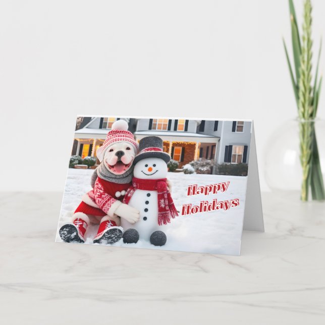 American Bulldog Posing with His Snowman Card (Front)