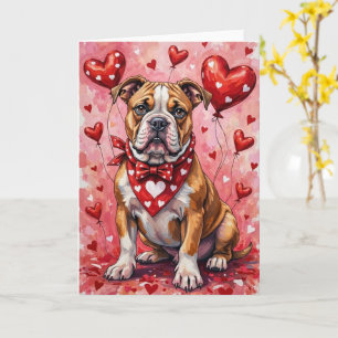 American Bulldog Valentine Dog Sitting with Hearts Card