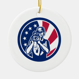 American Cameraman USA Flag Icon Ceramic Tree Decoration