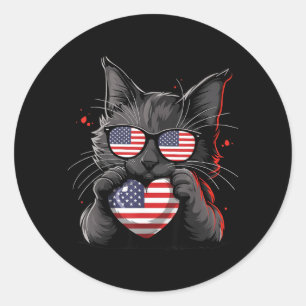 American Cat USA Flag Red White Blue Patriotic 4th Classic Round Sticker