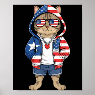 American Cat USA Flag Red White Blue Patriotic 4th Poster