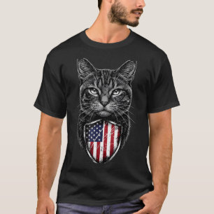American Cat USA Flag Red White Blue Patriotic 4th T-Shirt