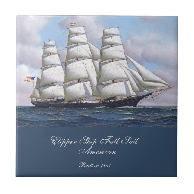 American Clipper Ship Full Sail Under Clouds Tile (Front)