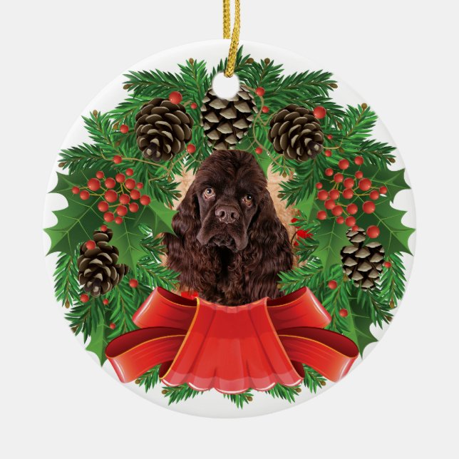 American Cocker Spaniel Christmas Holiday Wreath Ceramic Tree Decoration (Front)