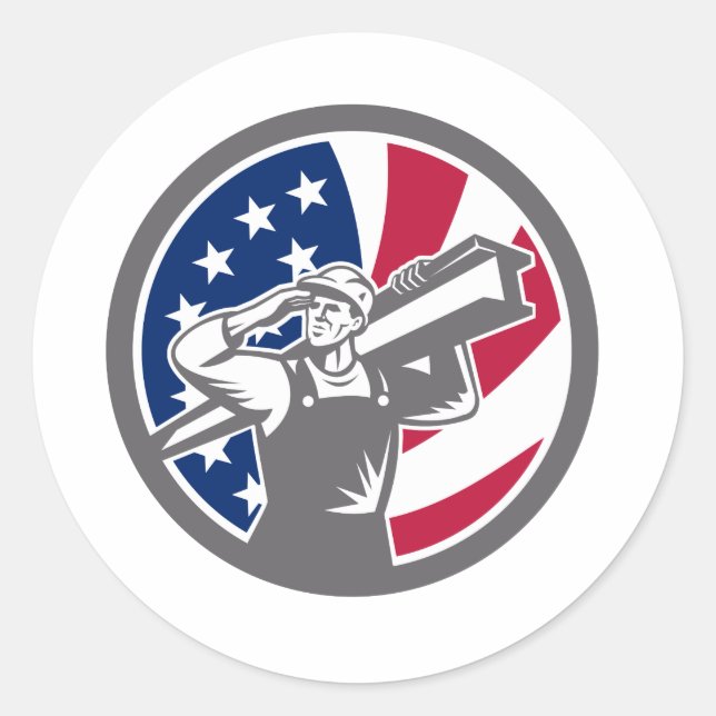 American Construction Worker USA Flag Icon Classic Round Sticker (Front)
