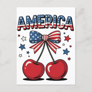 American Coquette Bow Cherry Aesthetic USA Flag Announcement Postcard