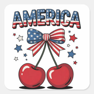 American Coquette Bow Cherry Aesthetic USA Flag Square Sticker