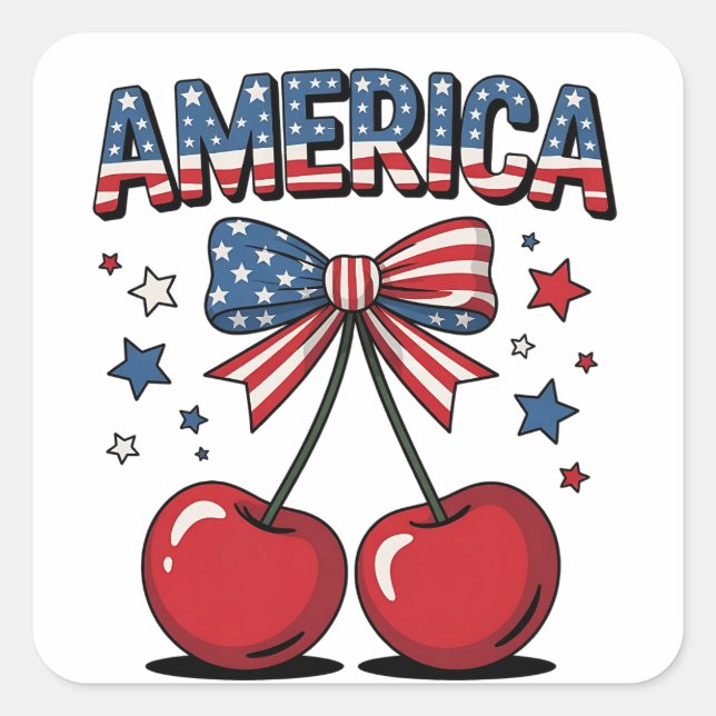 American Coquette Bow Cherry Aesthetic USA Flag  Square Sticker (Front)