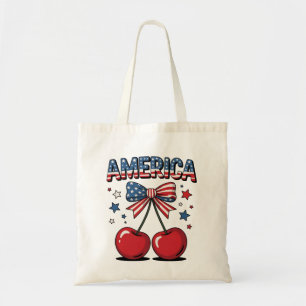 American Coquette Bow Cherry Aesthetic USA Flag  Tote Bag