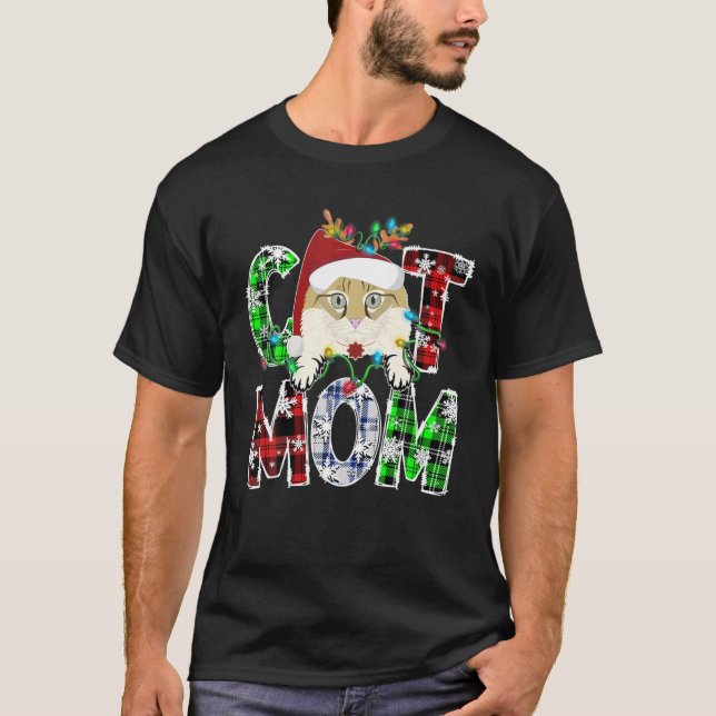 American Curl Cat Mum Lights Plaid Xmas Reindeer A T-Shirt (Front)