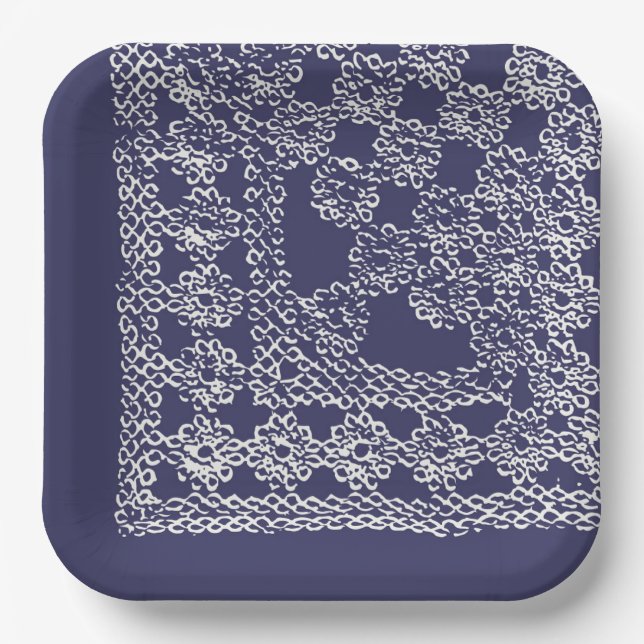 American Doily & Lace, Square Edge1, Cream on Blue Paper Plate (Front)