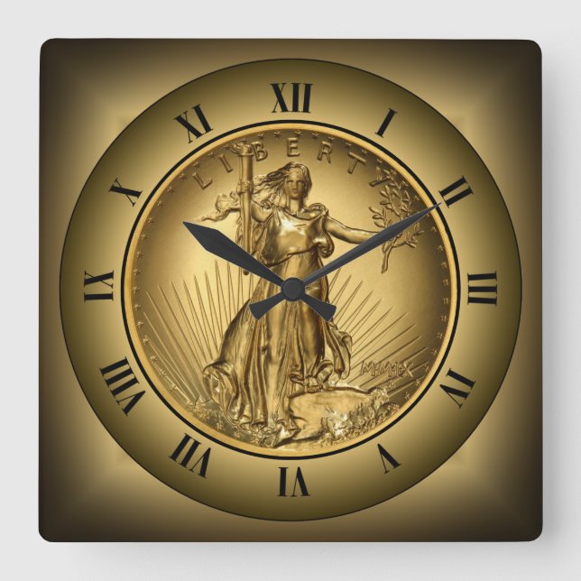 American Double Eagle Gold Coin ~ Lady Liberty ~ Square Wall Clock (Front)