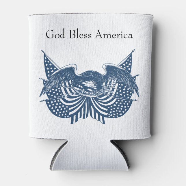 American Eagle Guarding USA Patriotic Flag Banner Can Cooler (Front)