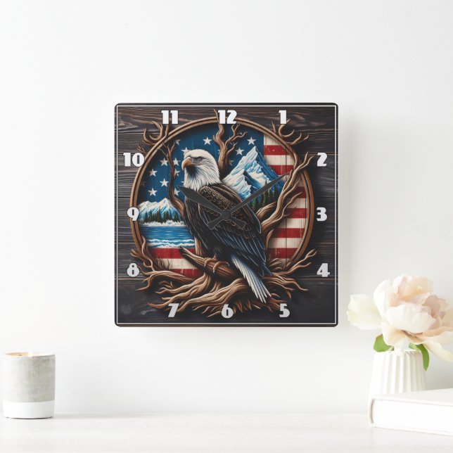American Eagle Perched Against Scenic Background Square Wall Clock (Home)