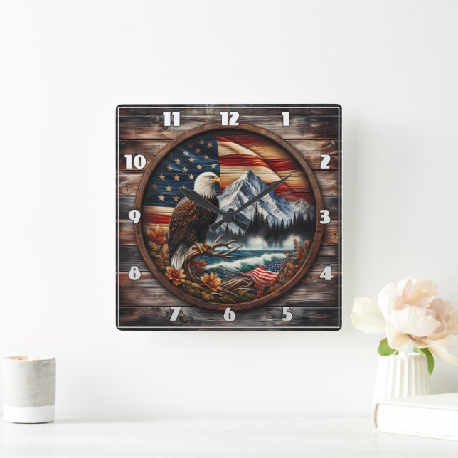 American Eagle Perched Near Mountainous Landscape Square Wall Clock (Home)