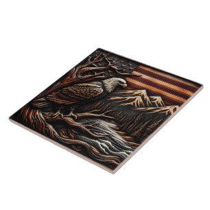 American Eagle Sculpture With Mountains and Flag Tile
