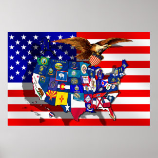 American Eagle USA flag US State flags map Poster