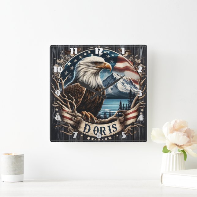 American Eagle With Mountains and Flag Background Square Wall Clock (Home)