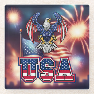 American Eagle with USA Flag Glass Coaster