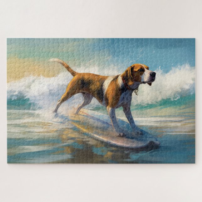 American Engligh Foxhound Beach Surfing Painting  Jigsaw Puzzle (Horizontal)