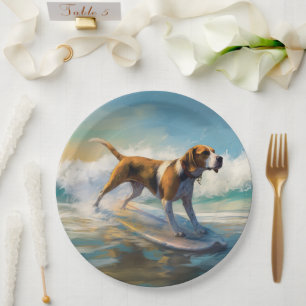 American Engligh Foxhound Beach Surfing Painting Paper Plate