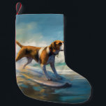 American Engligh Foxhound Beach Surfing Painting  Small Christmas Stocking<br><div class="desc">Immerse yourself in the playful world of canine adventure with this captivating painting. A spirited dog takes to the waves, skilfully riding the surf on a sun-kissed beach. The vibrant artwork beautifully captures the essence of beachside excitement as the dog fearlessly rides the waves, embodying the spirit of fun and...</div>