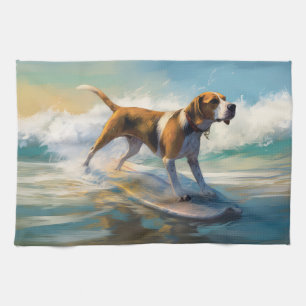 American Engligh Foxhound Beach Surfing Painting  Tea Towel
