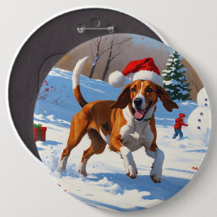 American English Foxhound Christmas Festive Snow 6 Cm Round Badge