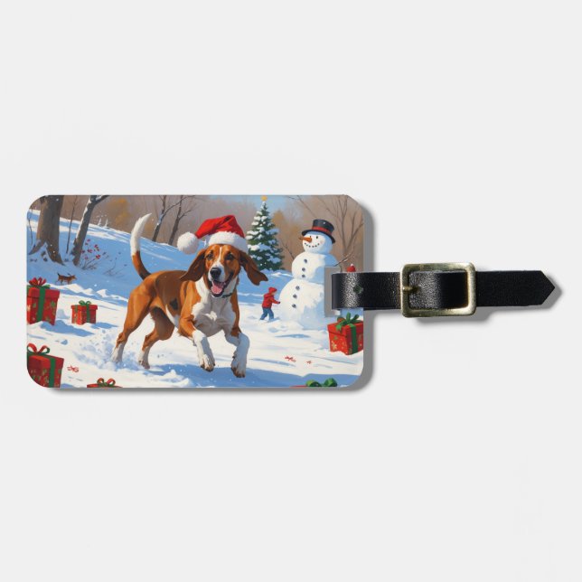 American English Foxhound Christmas Festive Snow  Luggage Tag (Front Horizontal)