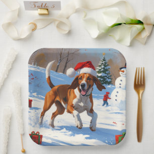 American English Foxhound Christmas Festive Snow  Paper Plate