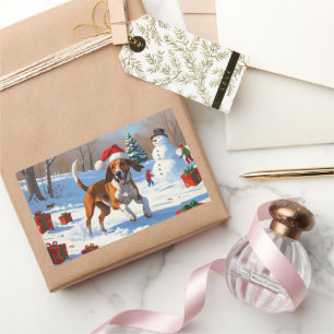 American English Foxhound Christmas Festive Snow  Rectangular Sticker