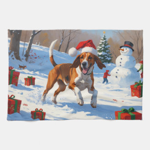 American English Foxhound Christmas Festive Snow Tea Towel