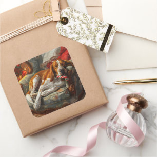 American English Foxhound Dog Christmas Festive Square Sticker