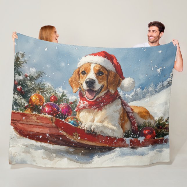 American English Foxhound in Sledge Christmas Fleece Blanket (In Situ)