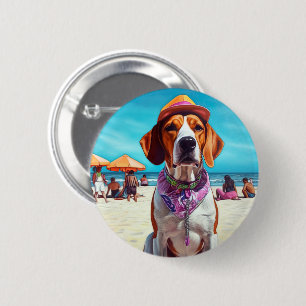 American English Foxhound on Beach, summer gift 6 Cm Round Badge