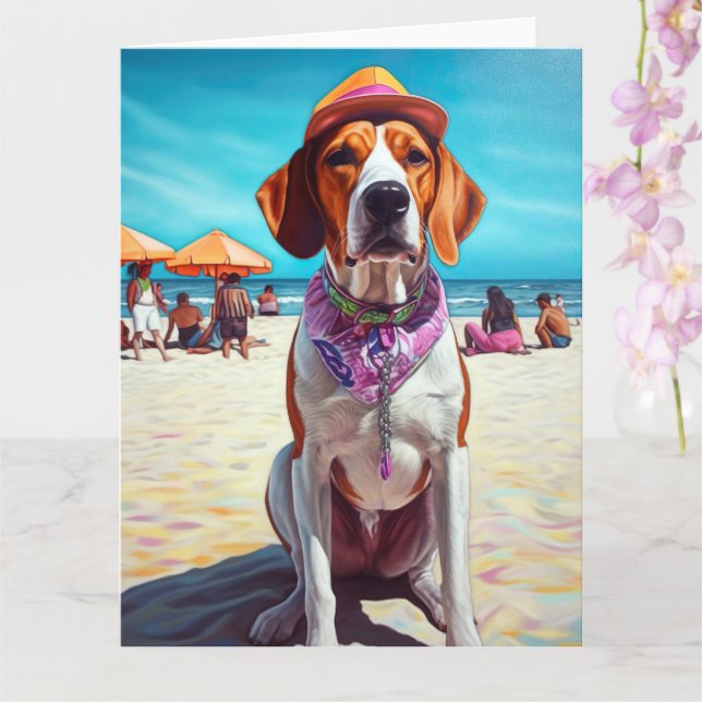 American English Foxhound on Beach, summer gift  Card (Orchid)