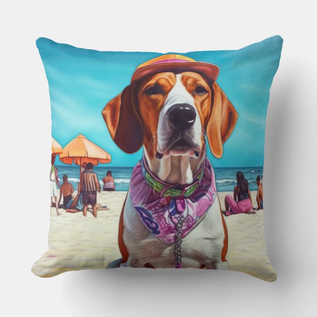 American English Foxhound on Beach, summer gift  Cushion (Front)