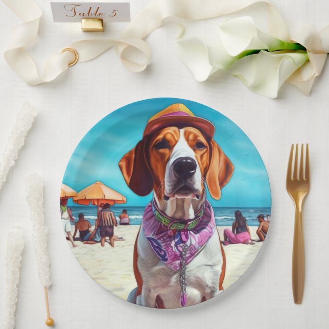 American English Foxhound on Beach, summer gift  Paper Plate (Wedding)