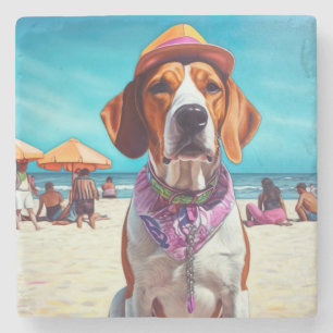 American English Foxhound on Beach, summer gift Stone Coaster